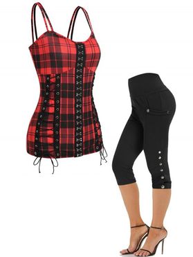 Plaid Hook and Eye Lace Up Cami Top and Plain Color High Waist Mock Button Pockets Capri Pants Summer Casual Outfit