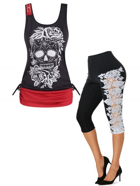 Gothic Floral Skull Print O Ring Cinched Colorblock Tank Top And Lace Crochet High Waist Capri Leggings Summer Outfit
