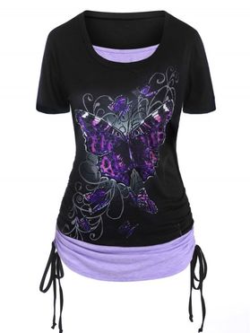 Plus Size Celestial Sun Moon Butterfly Print Cinched 2 In 1 Tee