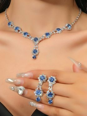 Rhinestone Artificial Crystal Floral Teardrop Shape Chain Necklace And Drop Earrings Set