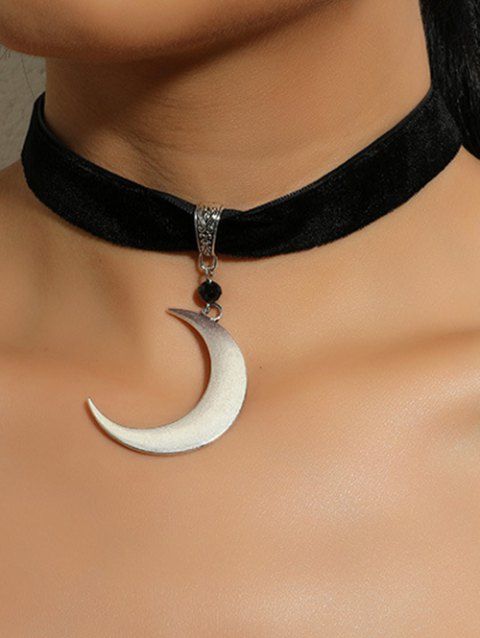 Gothic Necklace Metal Moon Pendant Velour Choker Necklace