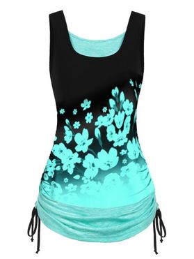 Celestial Sun Moon Floral Print Cinched Ruched Contrast Colorblock Tank Top