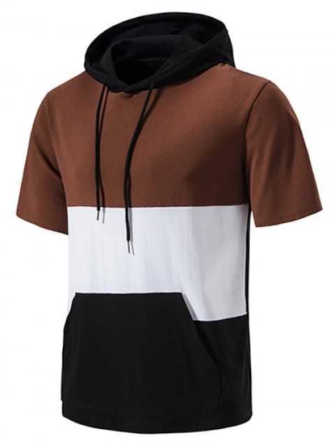 Contrast Colorblock T Shirt Hooded Drawstrings Pockets Summer Casual Tee