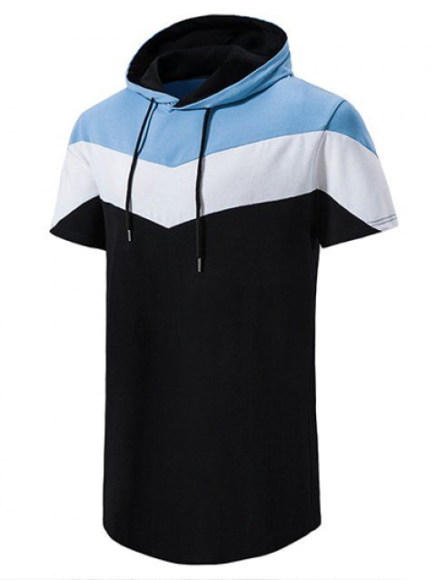 Casual T Shirt Hooded Colorblock Drawstrings Short Sleeve Trendy Summer Tee