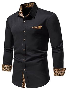 Casual Shirt Leopard Print Button-up Mock Pockets Long Sleeve Shirt