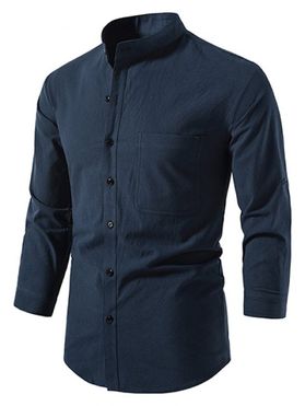 Roll Up Half Sleeve Linen Shirt Pocket Patch Plain Button Up Stand Up Collar Casual Basic Shirt