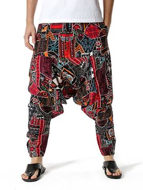 Bohemian Harem Pants Allover Print Drawstring Baggy Drop Crotch Cotton Loose Pants