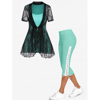 Floral Lace Overlay Asymmetrical Slit Tie Up Faux Twinset Tee And Lace Up Skinny Crop Leggings Summer Outfit
