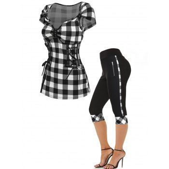 Corset Lace Up Sweetheart Neck Plaid Checkerboard T Shirt and Plaid Panel Wide High Waist Zipper Detail Capri Leggings Summer Casual Outfit