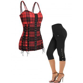 

Plaid Hook and Eye Lace Up Cami Top and Plain Color High Waist Mock Button Pockets Capri Pants Summer Casual Outfit, Multicolor