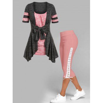 Contrast Space Dye Print Bowknot Short Sleeve 2 In 1 Tee And Lace Up Skinny Crop Leggings Summer Outfits