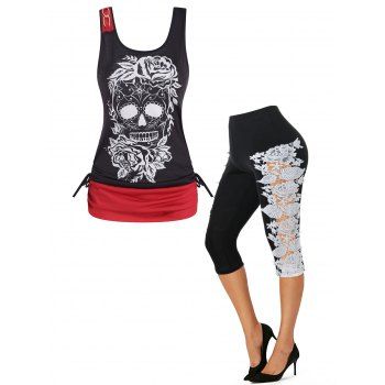 

Gothic Floral Skull Print O Ring Cinched Colorblock Tank Top And Lace Crochet High Waist Capri Leggings Summer Outfit, Multicolor