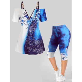 Plus Size Galaxy Leaf Rose Print Half Zipper Colorblock Cold Shoulder T Shirt and Coloblock Butterfly Galaxy Print Elastic Waist Capri Leggings Summer Casual Outfit