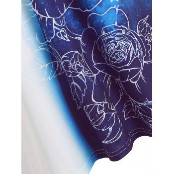 Plus Size Casual T Shirt Galaxy Leaf Rose Print Half Zipper Colorblock Cold Shoulder Summer Tee