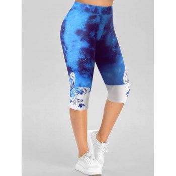 

Plus Size Casual Capri Leggings Coloblock Butterfly Galaxy Print Elastic Waist Summer Leggings, Blue