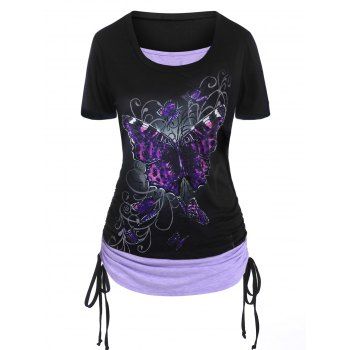 

Plus Size Celestial Sun Moon Butterfly Print Cinched 2 In 1 Tee, Concord