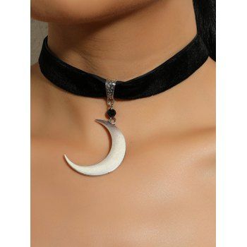 Fashion Women Gothic Necklace Metal Moon Pendant Velour Choker Necklace Jewelry Online Black