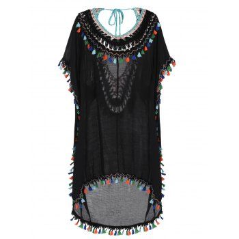 

Plus Size Cover Up Dress Crochet Insert Tassel Backless Beach Dress, Black