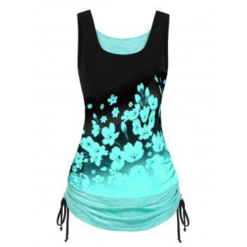 

Celestial Sun Moon Floral Print Cinched Ruched Contrast Colorblock Tank Top, Light green