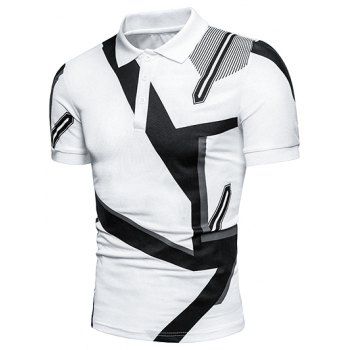 

Casual T Shirt Geometric Print Half Button Turn Down Collar Short Sleeve Summer Tee, White