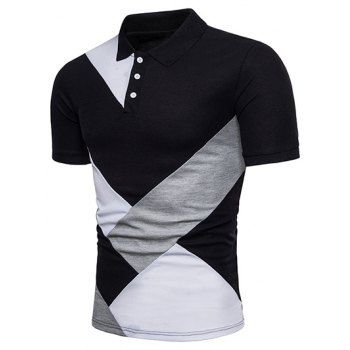 

Casual T Shirt Contrast Colorblock Half Button Turn Down Collar Short Sleeve Summer Tee, Black