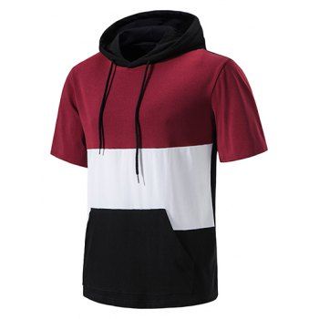 

Contrast Colorblock T Shirt Hooded Drawstrings Pockets Summer Casual Tee, Red wine