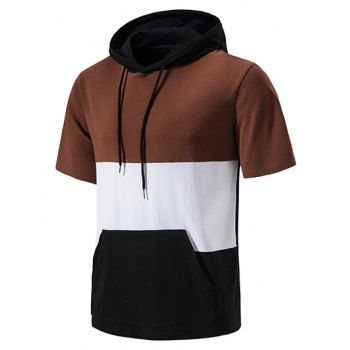 

Contrast Colorblock T Shirt Hooded Drawstrings Pockets Summer Casual Tee, Coffee