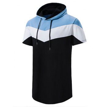 Casual T Shirt Hooded Colorblock Drawstrings Short Sleeve Trendy Summer Tee