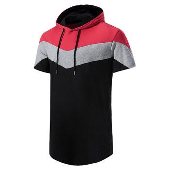 

Casual T Shirt Hooded Colorblock Drawstrings Short Sleeve Trendy Summer Tee, Red