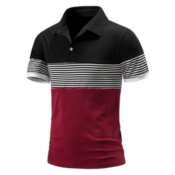 

Summer T Shirt Striped Print Colorblock Short Sleeve Turn Down Collar Half Button Casual Tee, Red wine