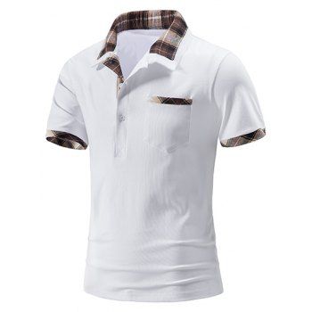 

Vintage T Shirt Plaid Print Insert Front Pocket Half Button Short Sleeve Turn Down Collar Summer Casual Tee, White