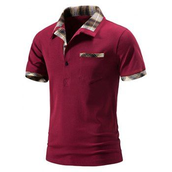 

Vintage T Shirt Plaid Print Insert Front Pocket Half Button Short Sleeve Turn Down Collar Summer Casual Tee, Red wine