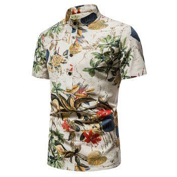 

Casual Shirt Geometric Striped Plaid Leaf Floral Print Stand Collar Short Sleeve Summer Shirt, Light khaki