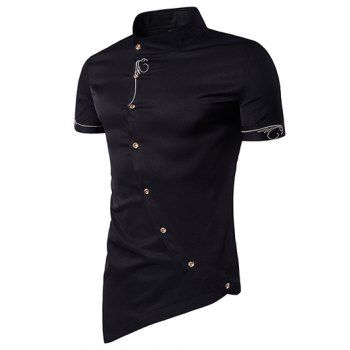 Asymmetric Pointed Hem Shirt Embroidery Oblique Button Closure Short Sleeve Shirt