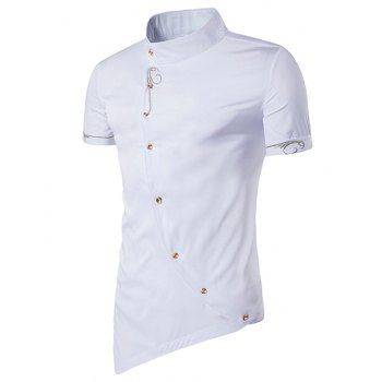 

Asymmetric Pointed Hem Shirt Embroidery Oblique Button Closure Short Sleeve Shirt, White