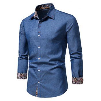 

Casual Shirt Chambray Paisley Print Insert Long Sleeve Turn Down Collar Button-up Shirt, Blue