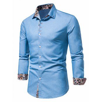 Casual Shirt Chambray Paisley Print Insert Long Sleeve Turn Down Collar Button-up Shirt