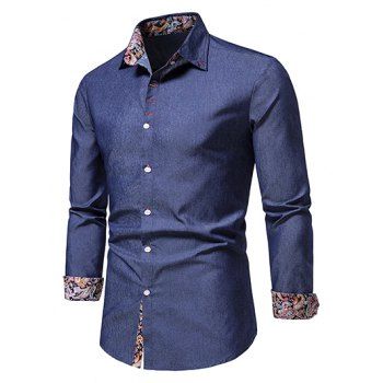 

Casual Shirt Chambray Paisley Print Insert Long Sleeve Turn Down Collar Button-up Shirt, Cadetblue