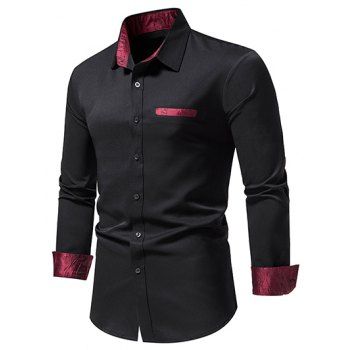 

Casual Shirt Printed Insert Colorblock Mock Pockets Long Sleeve Turn Down Collar Button-up Shirt, Black