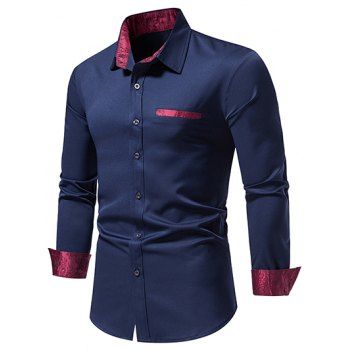 

Casual Shirt Printed Insert Colorblock Mock Pockets Long Sleeve Turn Down Collar Button-up Shirt, Cadetblue