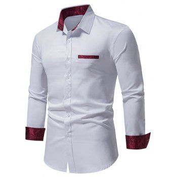 

Casual Shirt Printed Insert Colorblock Mock Pockets Long Sleeve Turn Down Collar Button-up Shirt, White