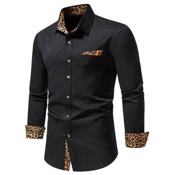 

Casual Shirt Leopard Print Button-up Mock Pockets Long Sleeve Shirt, Black