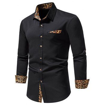 Casual Shirt Leopard Print Button-up Mock Pockets Long Sleeve Shirt