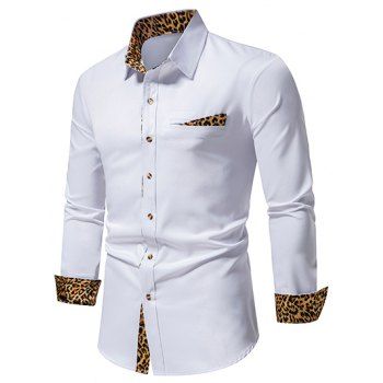 

Casual Shirt Leopard Print Button-up Mock Pockets Long Sleeve Shirt, White