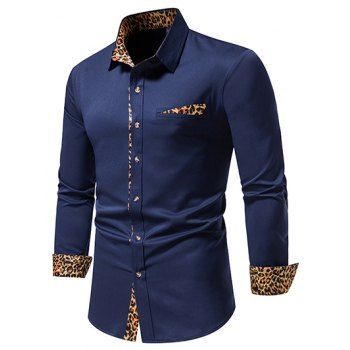 

Casual Shirt Leopard Print Button-up Mock Pockets Long Sleeve Shirt, Cadetblue