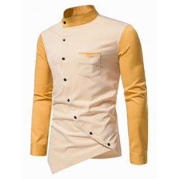 Casual Shirt Colorblock Front Pocket Stand Collar Asymmetrical Hem Oblique Button Closure Long Sleeve Shirt