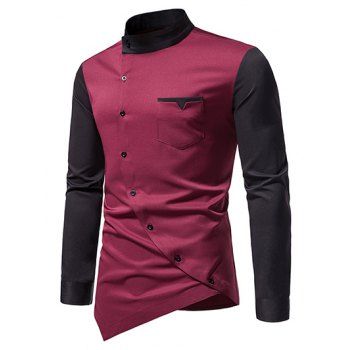 Casual Shirt Colorblock Front Pocket Stand Collar Asymmetrical Hem Oblique Button Closure Long Sleeve Shirt