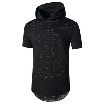 

Casual T Shirt Hooded Solid Color Sheer Mesh Insert Ripped Short Sleeve Curved Hem Summer Tee, Black