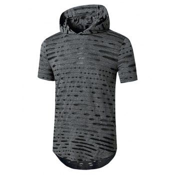 

Casual T Shirt Hooded Solid Color Sheer Mesh Insert Ripped Short Sleeve Curved Hem Summer Tee, Gray