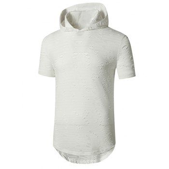 

Casual T Shirt Hooded Solid Color Sheer Mesh Insert Ripped Short Sleeve Curved Hem Summer Tee, White